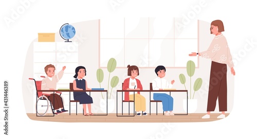 Disabled child in wheelchair studying in school. Concept of social inclusion of handicapped children into education. Boy in wheel chair in classroom. Colored flat vector illustration isolated on white