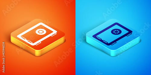 Isometric Safe icon isolated on orange and blue background. The door safe a bank vault with a combination lock. Reliable Data Protection. Vector