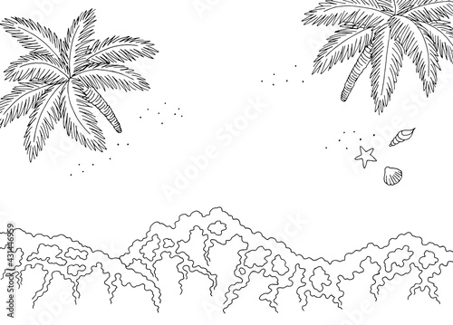 Sea coast view from above top aerial graphic beach black white landscape sketch illustration vector 