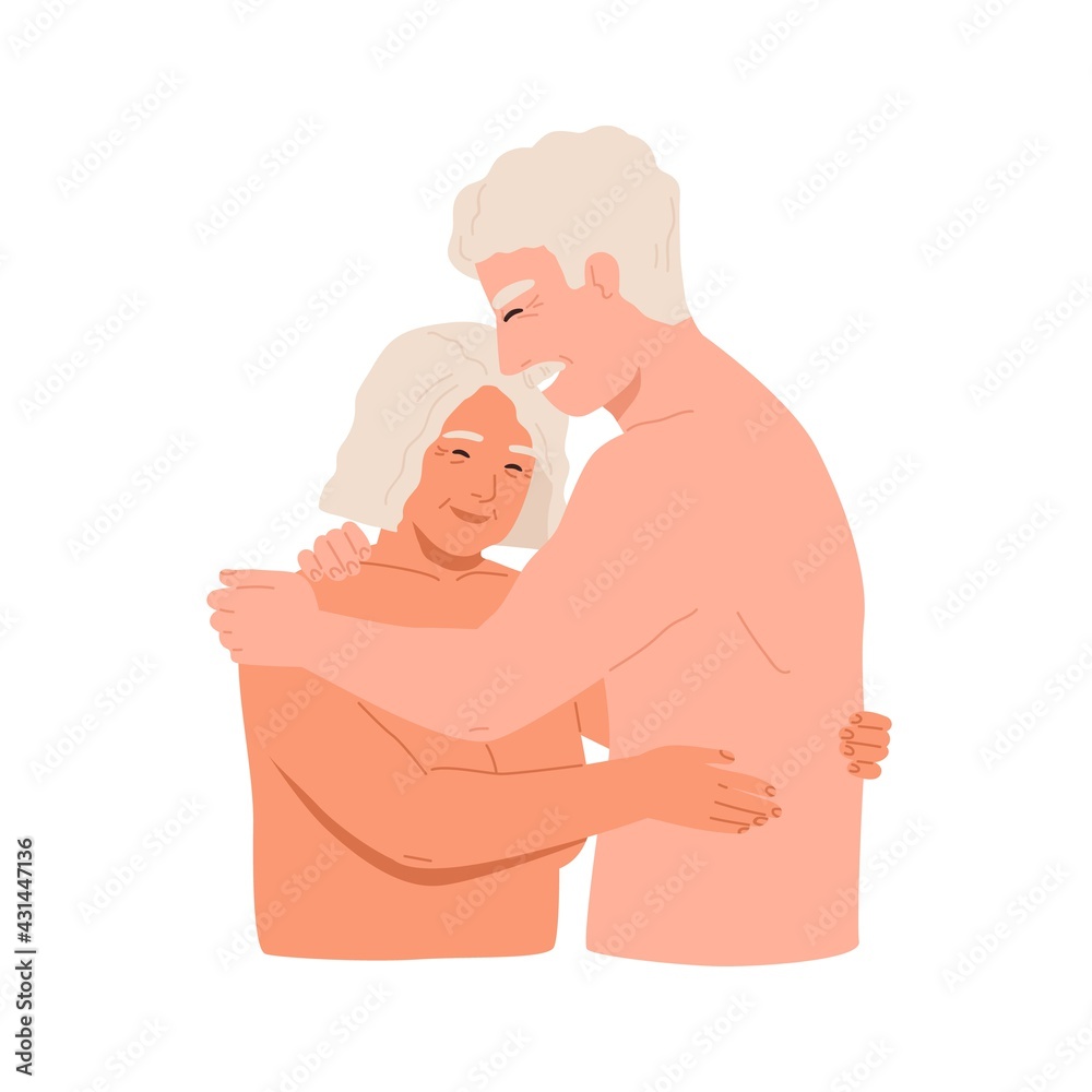 Naked love couple of aged man and woman hugging. Romantic sexual  relationships and intimacy of senior people. Colored flat graphic vector  illustration of nude old lovers isolated on white background Векторный  объект