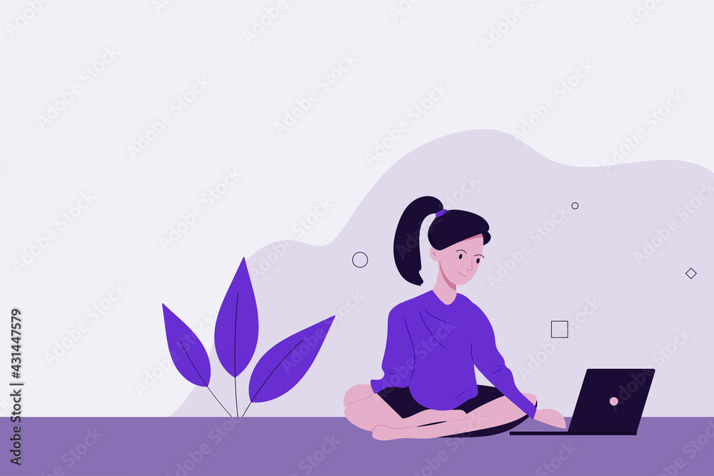 Young woman sitting with legs crossed working at the laptop, freelance concept. Web banner Young woman sitting with legs crossed working at the laptop, freelance concept. Web banner
