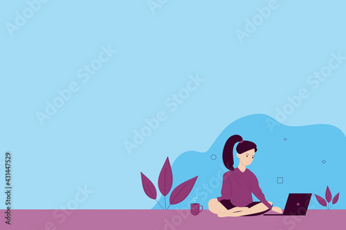 Young woman sitting with legs crossed working at the laptop, freelance concept. Web banner