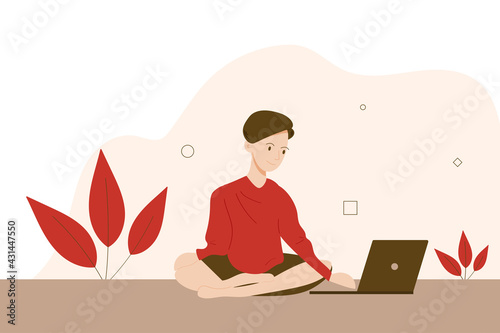 Young man sitting with legs crossed working at the laptop, freelance concept. Web banner