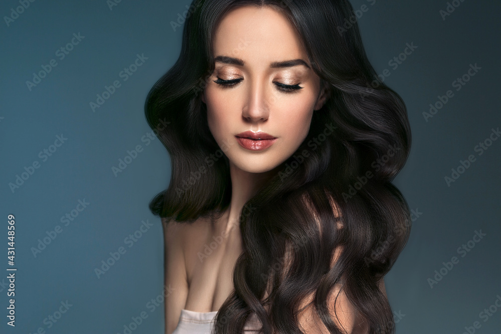 Long hairwoman beautiful face young female  model over dark background