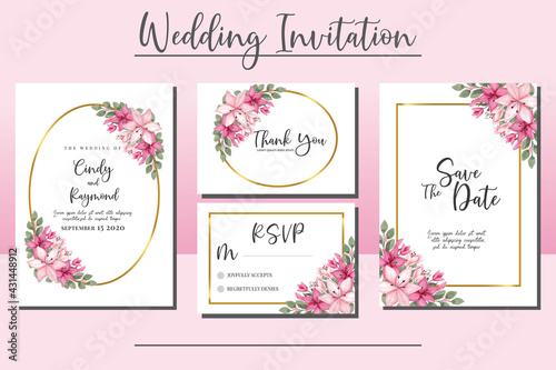 Wedding invitation frame set, floral watercolor hand drawn Pink Lily Flower design Invitation Card Template