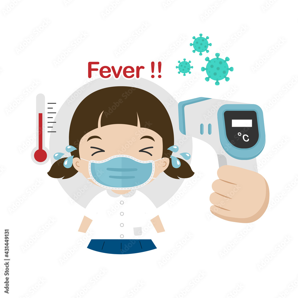 Kids measuring body temperature and wearing a face mask vector illustration. Kids measuring body temperature and wearing a face mask vector illustration.