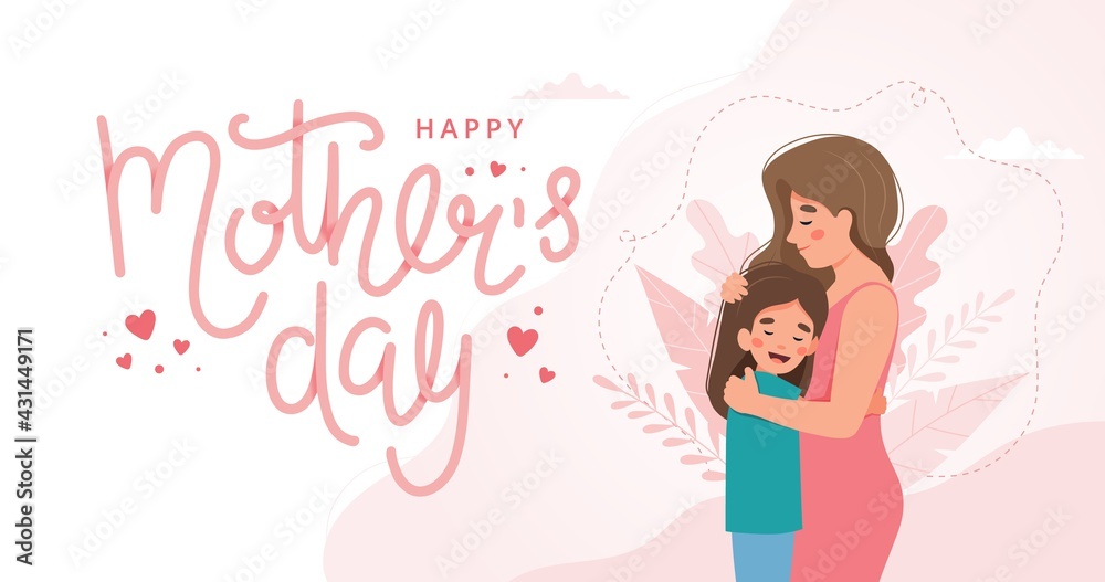 Mother s day greeting card. Mother and child hugging and lettering. Vector illustration concept in flat style