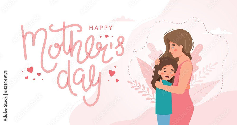Mother s day greeting card. Mother and child hugging and lettering. Vector illustration concept in flat style Mother s day greeting card. Mother and child hugging and lettering. Vector illustration concept in flat style