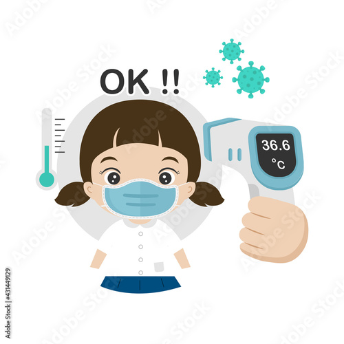 Kids measuring body temperature and wearing a face mask vector illustration.