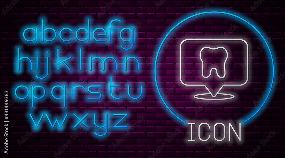Glowing neon line Dental clinic location icon isolated on brick wall background. Neon light alphabet. Vector Glowing neon line Dental clinic location icon isolated on brick wall background. Neon light alphabet. Vector