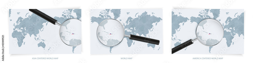 Blue Abstract World Maps with magnifying glass on map of Haiti with the national flag of Haiti. Three version of World Map. Blue Abstract World Maps with magnifying glass on map of Haiti with the national flag of Haiti. Three version of World Map.