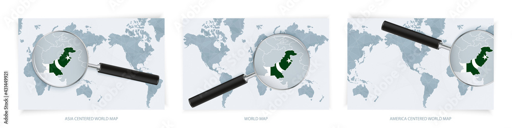 Blue Abstract World Maps with magnifying glass on map of Pakistan with the national flag of Pakistan. Three version of World Map. Blue Abstract World Maps with magnifying glass on map of Pakistan with the national flag of Pakistan. Three version of World Map.