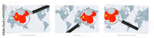 Blue Abstract World Maps with magnifying glass on map of China with the national flag of China. Three version of World Map.