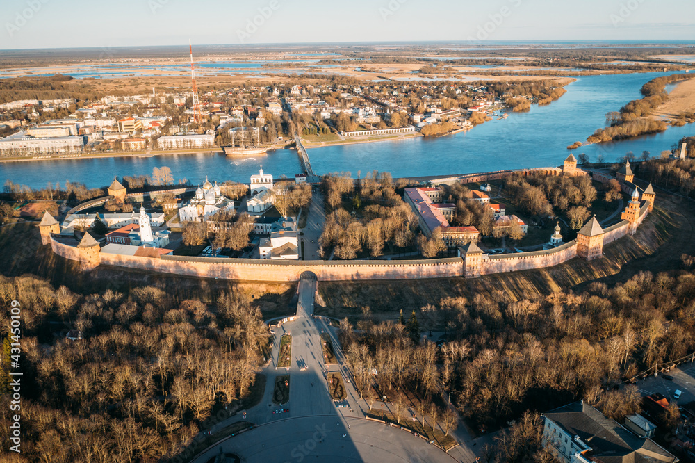 Veliky Novgorod, Kremlin in historical center, ancient city landmark and tourist famous place, aerial view from drone.