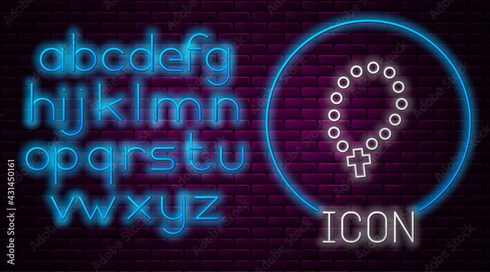Glowing neon line Rosary beads religion icon isolated on brick wall background. Neon light alphabet. Vector Glowing neon line Rosary beads religion icon isolated on brick wall background. Neon light alphabet. Vector