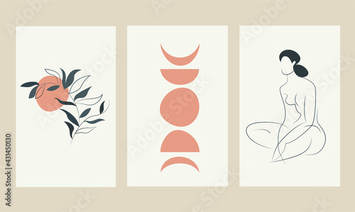 set of three posters with abstract images, hand drawings of a plant and a female body. Isolated objects. Cover or wall decor.