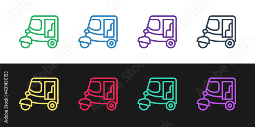 Set line Taxi tuk tuk icon isolated on black and white background. Indian auto rickshaw concept. Delhi auto. Vector