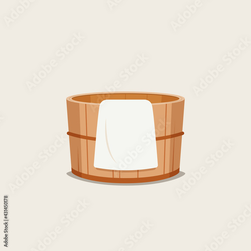 Japanese hot spring wooden bath bucked with white towel