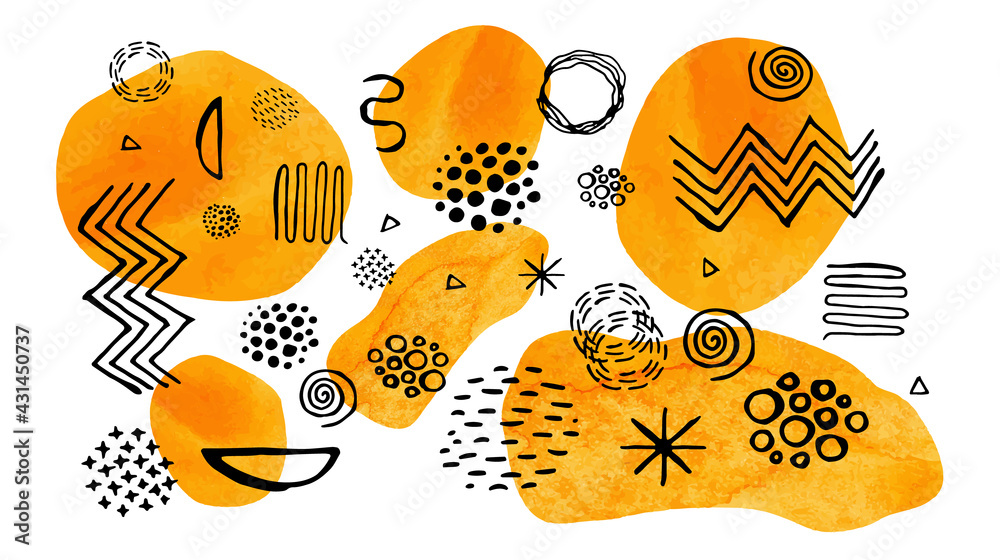 black geometric scribbles on a background of bright watercolor orange spots. Doodles and a watercolor sun drawn by hand. vector EPS