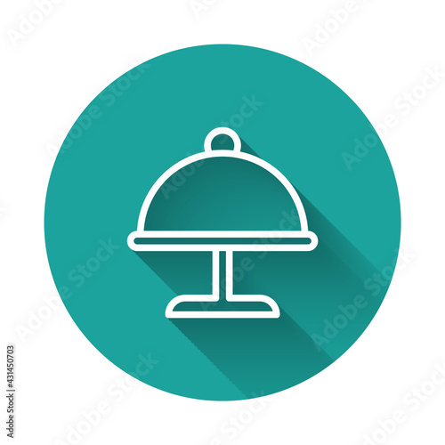 White line Covered with a tray of food icon isolated with long shadow. Tray and lid. Restaurant cloche with lid. Kitchenware symbol. Green circle button. Vector