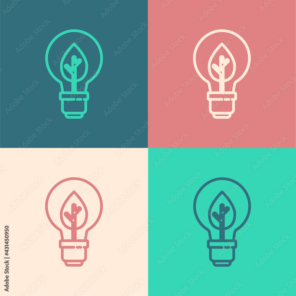 Pop art line Light bulb with leaf icon isolated on color background. Eco energy concept. Alternative energy concept. Vector Pop art line Light bulb with leaf icon isolated on color background. Eco energy concept. Alternative energy concept. Vector