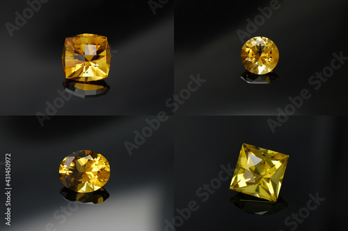 Natural custom cut citrine gemstones. Round, oval, square, checker pillow shape faceted bright yellow clean, transparent, flawless gems settings for making self designed jewelry. Black background.
