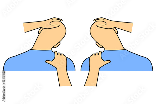 Massage. Yumeiho therapy. Instructions for performing massage techniques, stretching the muscles of the neck. Simple vector illustration for physical therapy guidelines, websites and prints.