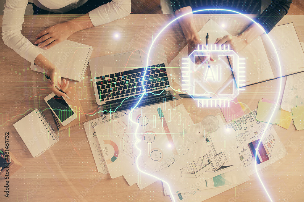 Double exposure of woman working on computer andhuman brain hologram drawing. Top View. Ai concept. Double exposure of woman working on computer andhuman brain hologram drawing. Top View. Ai concept.