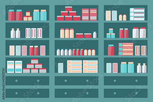 Big shelf in pharmacy store or hospital. Shopping for drug, syrup, antibiotics and vitamin to healthcare and aid.