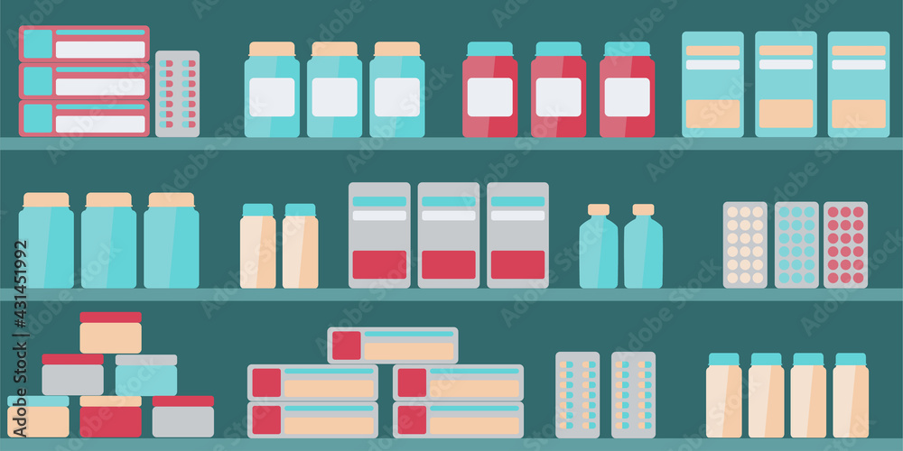 Pharmacy shelves in drugstore with pill, objects, capsule and antibiotics.  Medical concept with shelf showcase. Shopping for antibiotics, drug, syrup.  Stock Vector | Adobe Stock