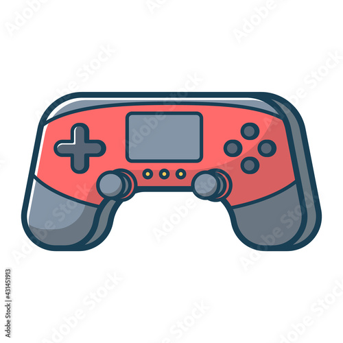 Red game joystick icon. Joypad for console, pc and video games. Vector illustration in flat line style.