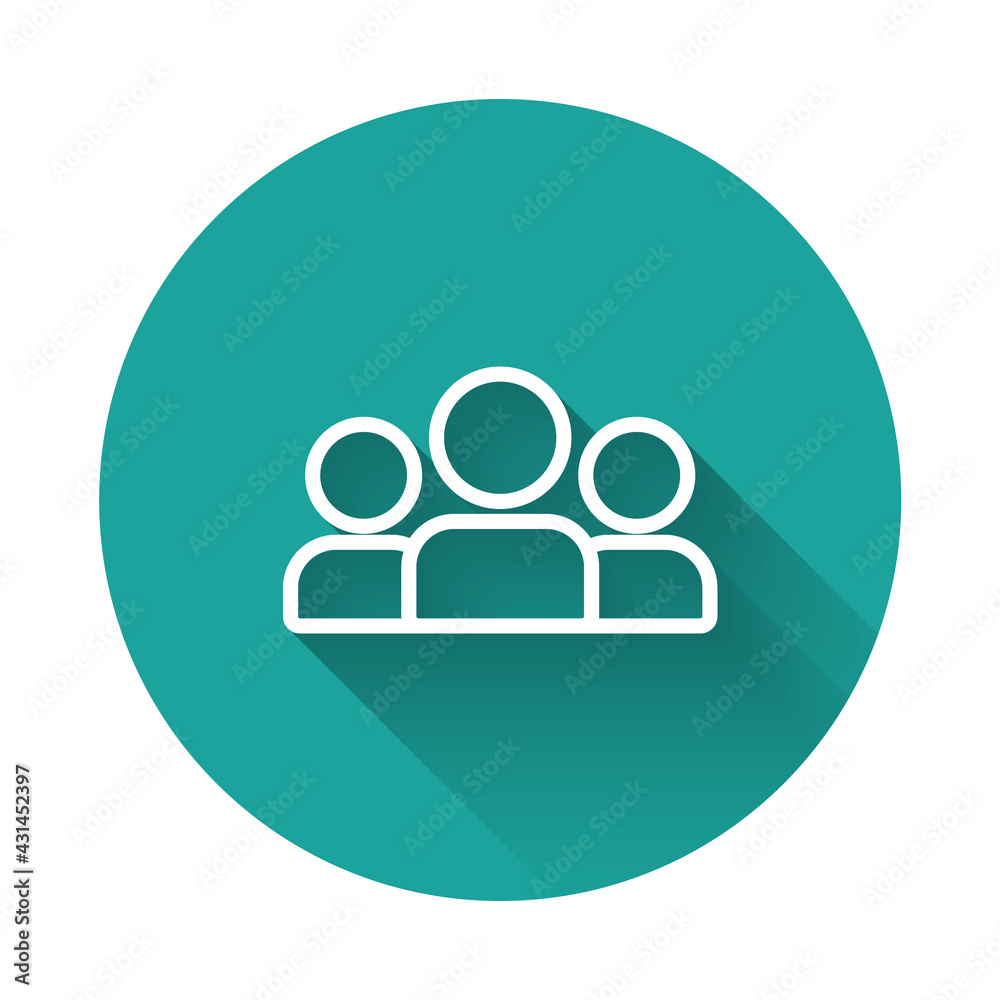 White line Users group icon isolated with long shadow. Group of people icon. Business avatar symbol - users profile icon. Green circle button. Vector White line Users group icon isolated with long shadow. Group of people icon. Business avatar symbol - users profile icon. Green circle button. Vector