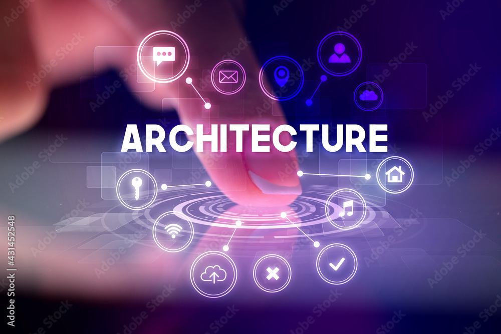 Finger touching tablet with web technology icons concept Finger touching tablet with web technology icons concept