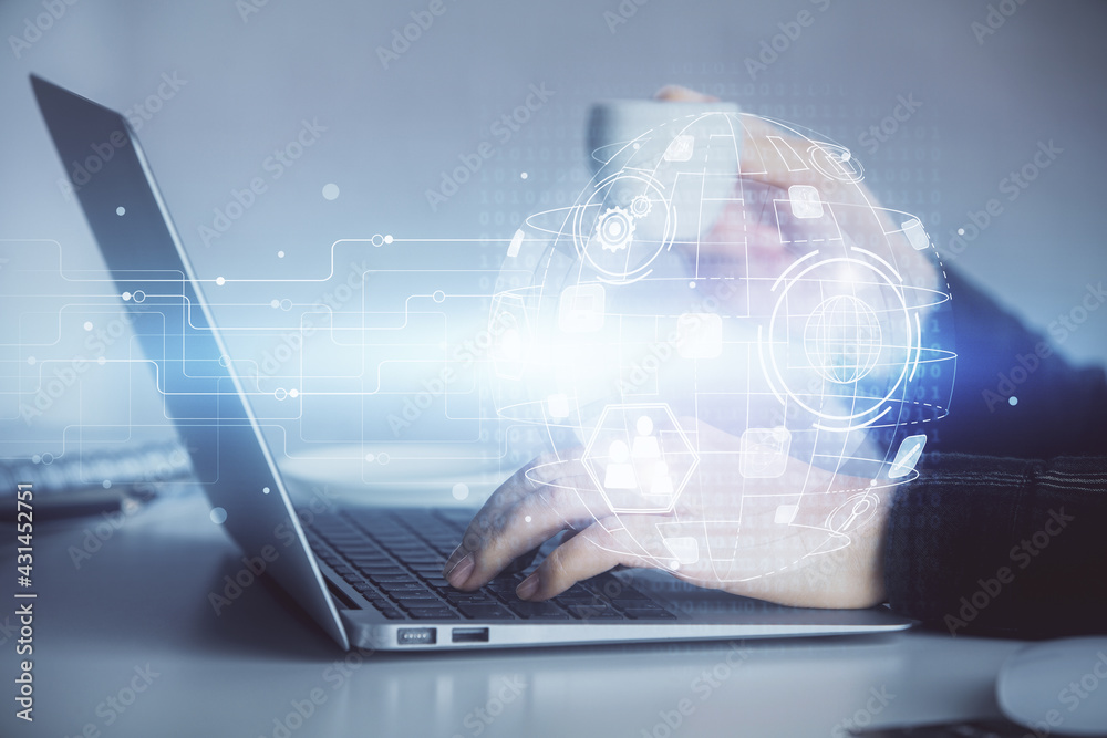 Double exposure of woman hands typing on computer and social network theme hologram drawing. People media concept.