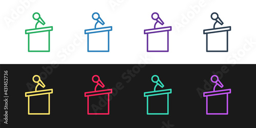 Set line Stage stand or debate podium rostrum icon isolated on black and white background. Conference speech tribune. Vector