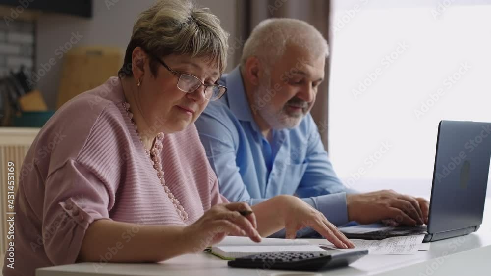 online payment of utility bills, users are using laptop with internet for paying, old man and woman are calculating expenses online payment of utility bills, users are using laptop with internet for paying, old man and woman are calculating expenses