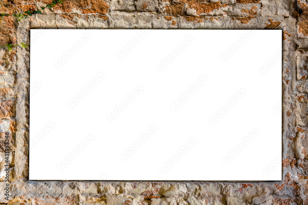 White board on a brick background. Blank advertising billboard for art work design or add text message on backdrop. White board on a brick background. Blank advertising billboard for art work design or add text message on backdrop.