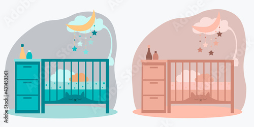 Set of newborn crib with mobile toys and wardrobe. Vector. For postcards, poster, icon, decoration of children's design.