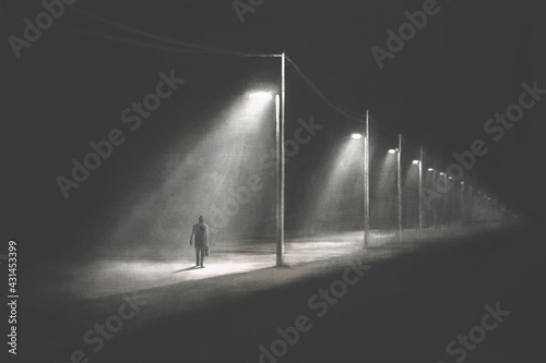 Illustration of mysterious lonely man walking alone in the dark, surreal abstract concept photo