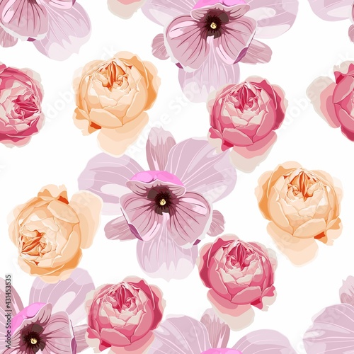 Seamless floral pattern with tropical magnolia, roses flowers on white background. Template design for textiles, interior, clothes, wallpaper. Botanical art. Engraving style.