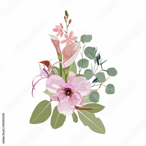 Fototapeta Naklejka Na Ścianę i Meble -  Floral composition set with pink magnolia, calla, lilies flower and herbs on white. Romantic design for natural cosmetics, perfume, women products. Can be used for greeting card, wedding invitation.