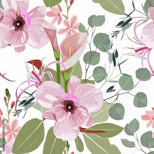 Seamless floral pattern with pink tropical magnolia and many kind of herbs and flowers on white background. Template design for textiles, interior, clothes, wallpaper. Botanical art. 
