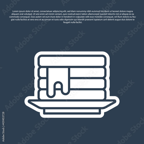 Blue line Stack of pancakes with honey icon isolated on blue background. Breakfast concept. Vector