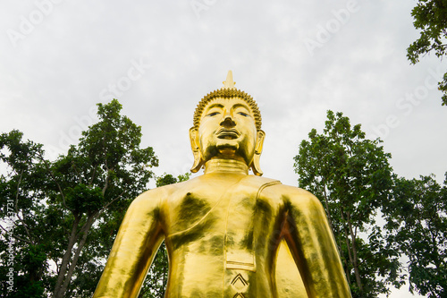 Thai people visit and pray golden biggest Shakyamuni buddha statue