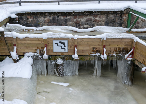 landscape, Anfabrikas locks is an engineering construction of the Līgatne river waterway cascade, fishway in winter, Ligatne, Latvia photo