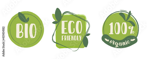 A set of green emblems. Bio, eco friendly and 100 organic. Use as a sticker for clean products.