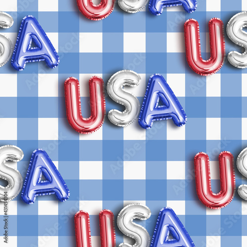 USA Foil Balloons Design On Vicky Checkered Blue Background Seamless Pattern