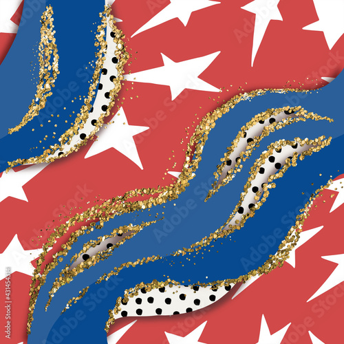 Abstract Seamless Pattern - White stars and blue brush strokes with gold glitter accents on red background - Abstract seamless Pattern
