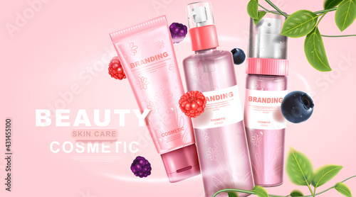 Mixed berry cosmetic. Collagen vitamin skin care. Beauty packaging cream set.