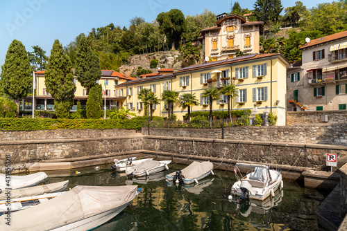 Lakeside of Colmegna with historic charming villa on lake Maggiore, municipality of Luino, Lombardy, Italy. photo